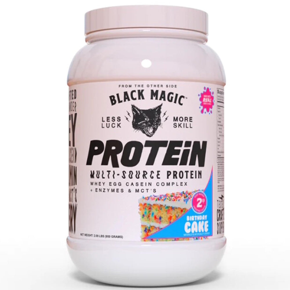 Black Magic Multi-Source Protein birthday cake tub-front supporting muscle recovery after workouts