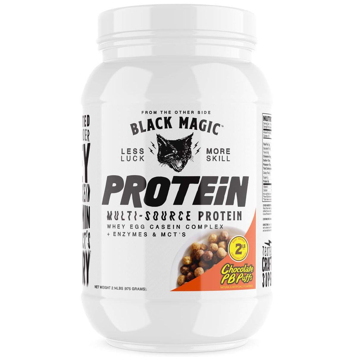Black Magic Protein 2lbs bottle featuring premium whey and micellar casein for post-workout fueling.