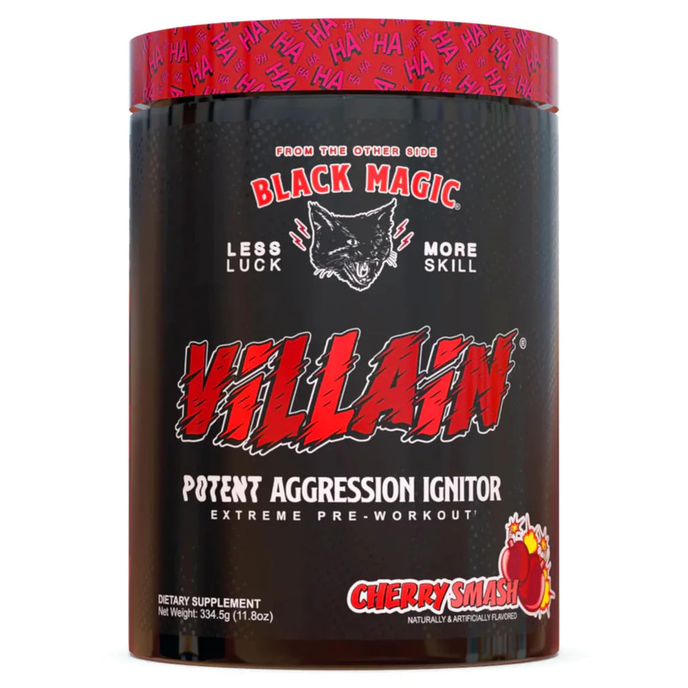 Black Magic Villain bottle with bold label highlighting energy boost for workouts