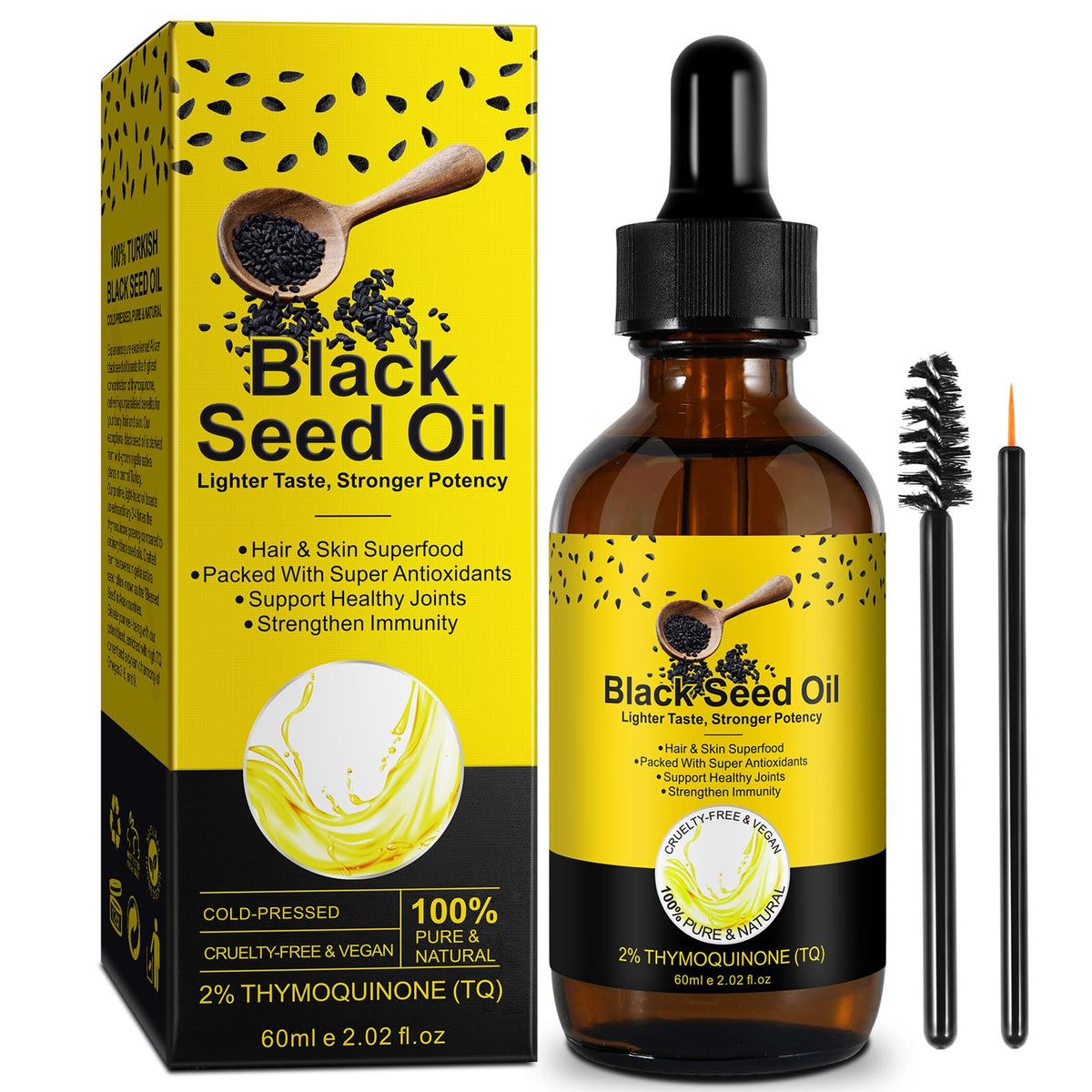 Front view of Turkish black seed oil bottle with 2.02 fl oz label