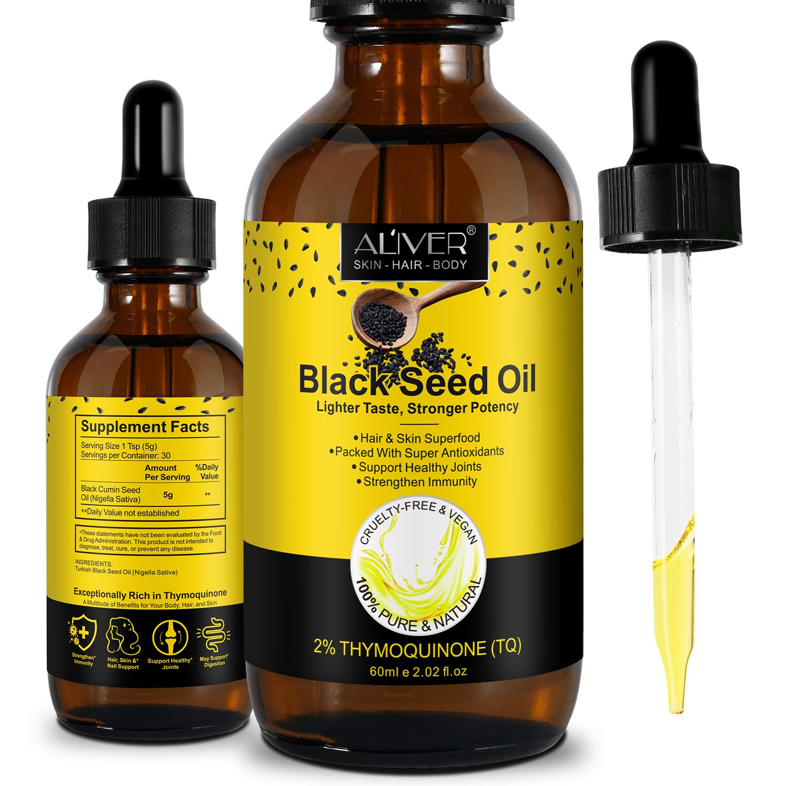 60ml bottle of organic cold-pressed black seed oil
