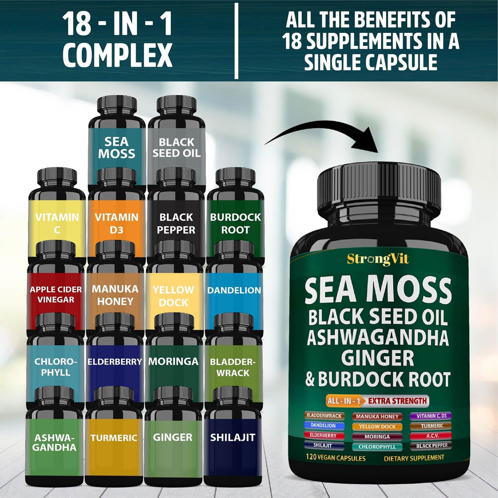 Ingredients: Black seed oil, Ashwagandha and Ginger in sea moss capsules