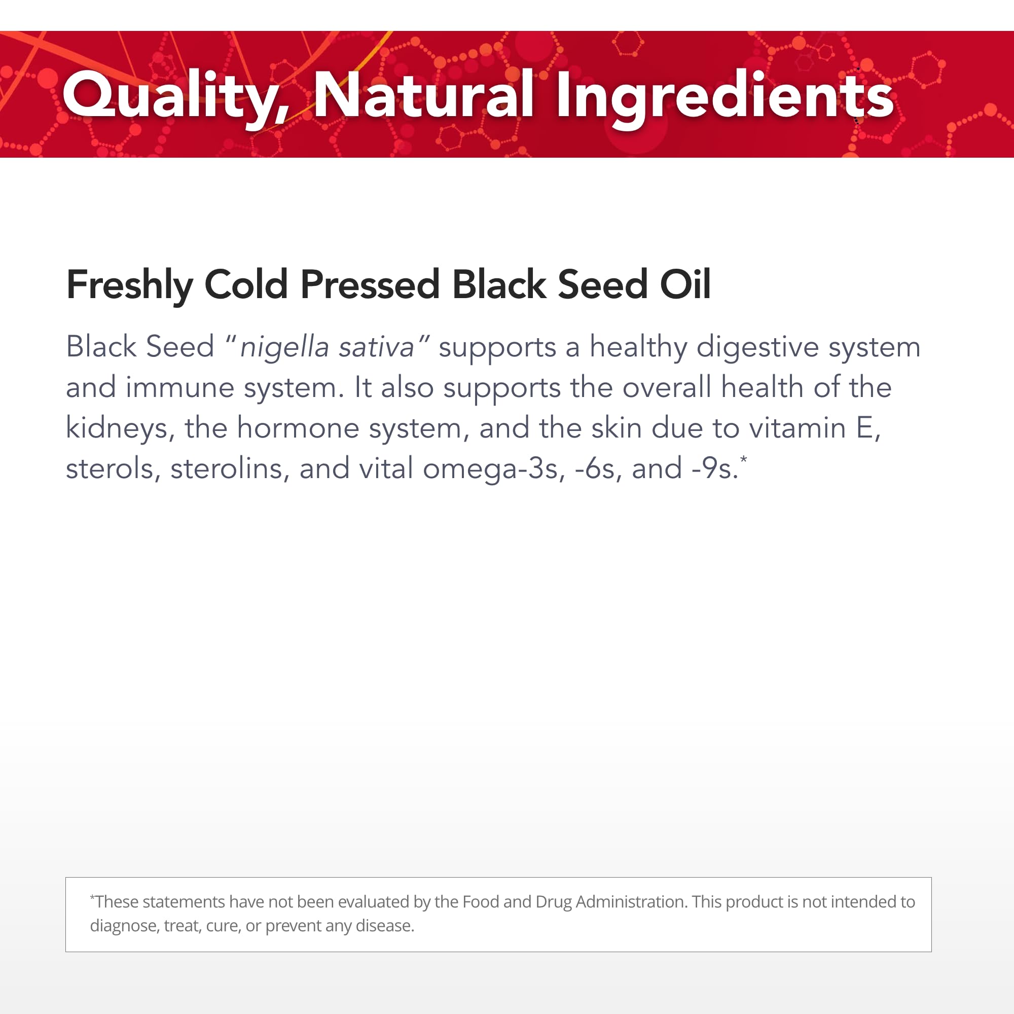 Black seed oil bottle showing 48 servings