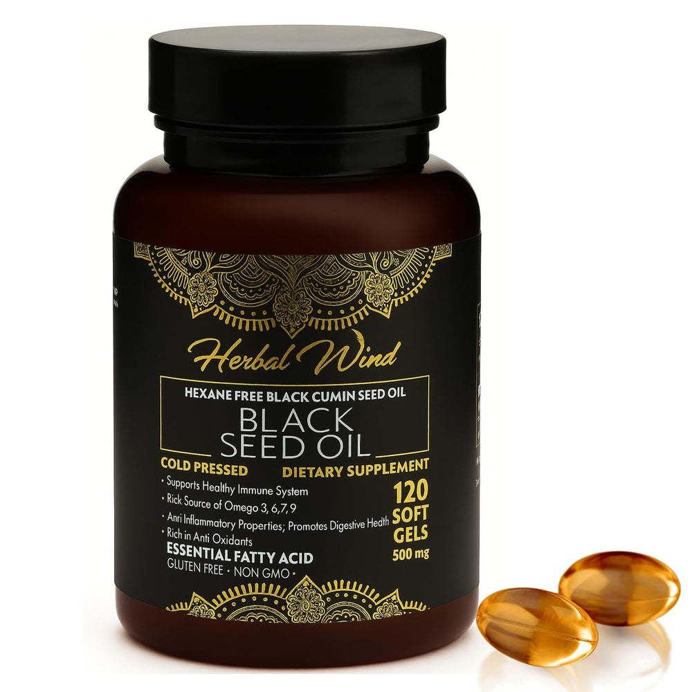 Bottle of black seed oil capsules (120 softgels, 500 mg each)