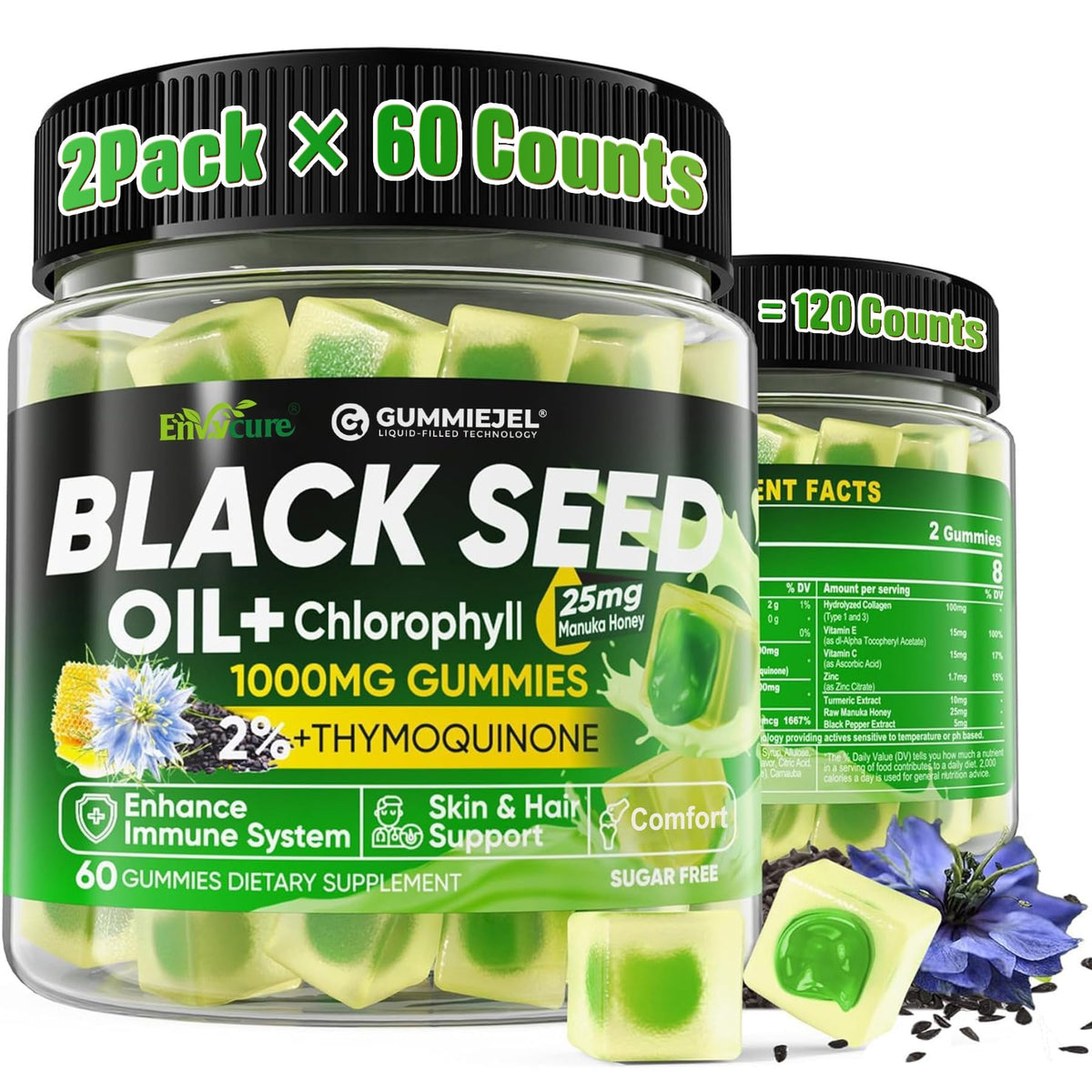 2-pack box of Black Seed Oil Gummies with chlorophyll, Biotin 500mcg and hydrolyzed collagen