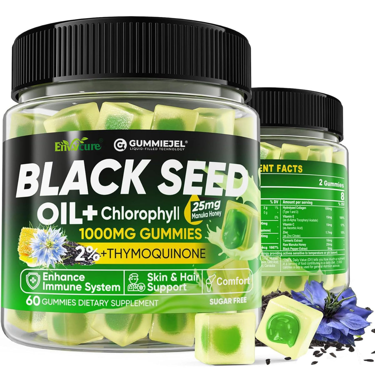 Black seed oil gummies with chlorophyll and collagen in a bottle
