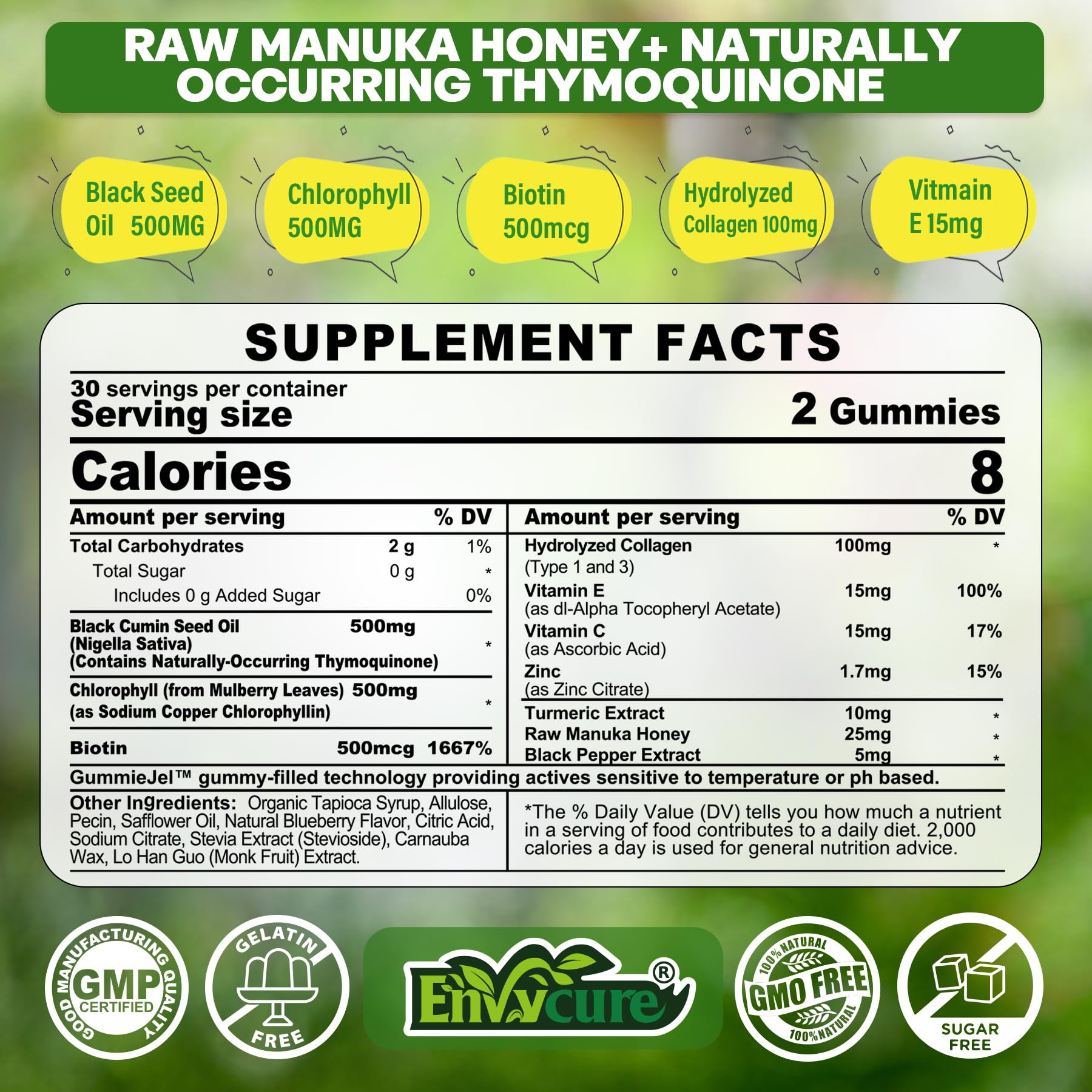 Gummy close-up showing chlorophyll and biotin encapsulation