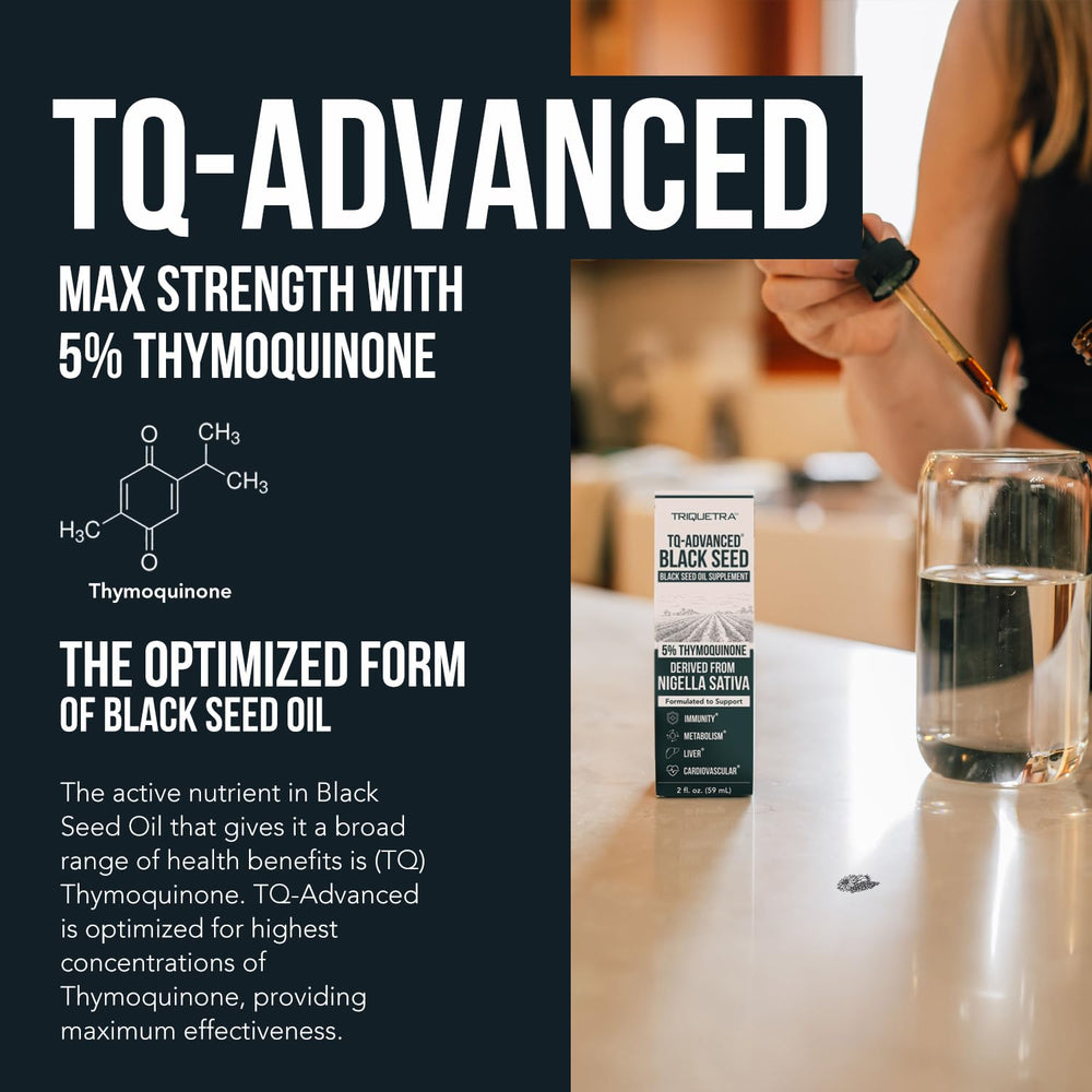 Close-up of 5% Thymoquinone label on Black Seed Oil Liquid