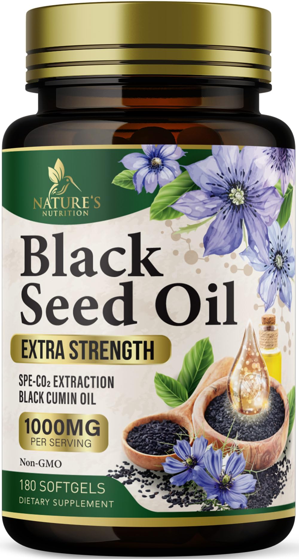 Bottle of Black Seed Oil Softgels 1000mg - 180 softgels