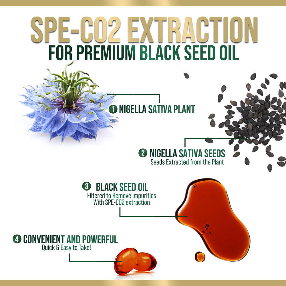 Close-up of black seed oil softgels