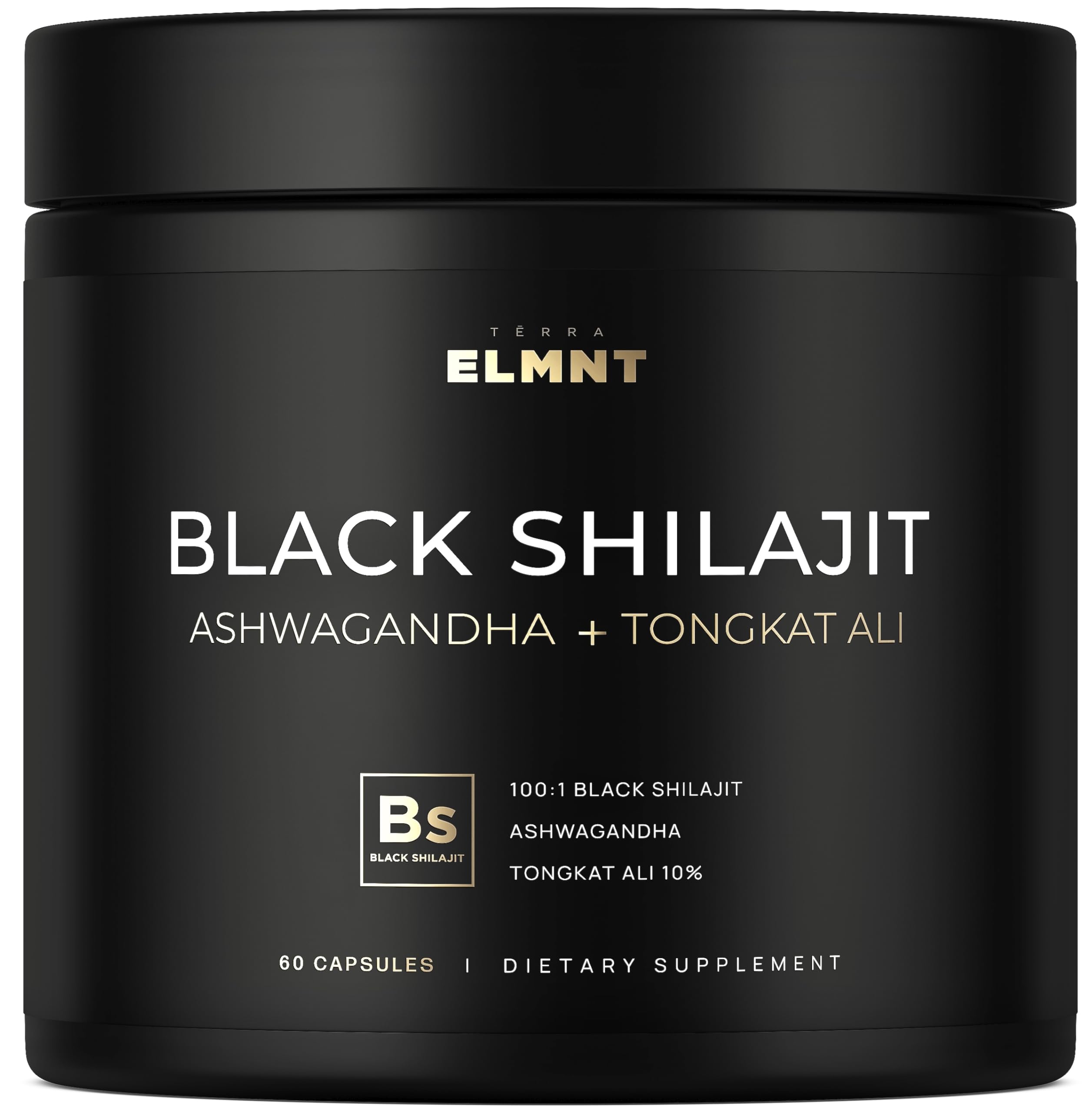 Bottle of Black Shilajit for Men with Ashwagandha and Tongkat Ali on label