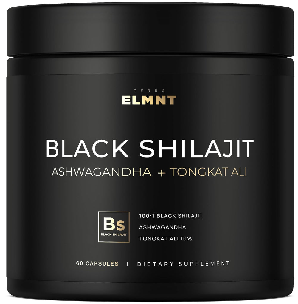 Bottle of Black Shilajit for Men with Ashwagandha and Tongkat Ali on label