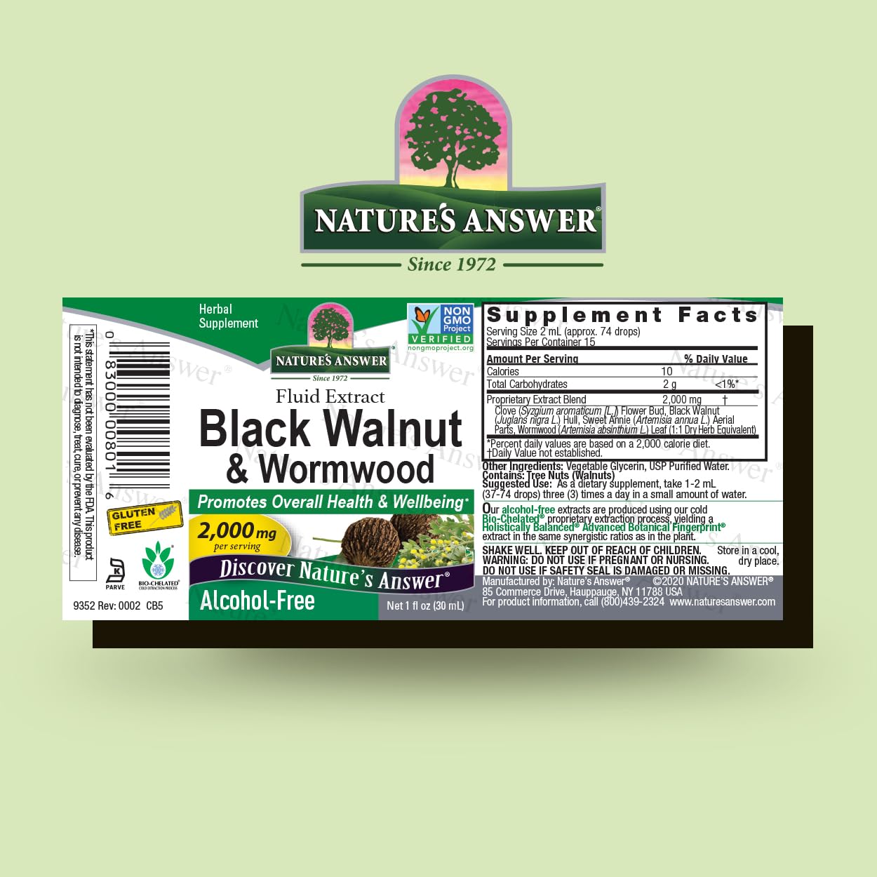 Black Walnut green hulls extract showing 2000 mg per 2 ml serving