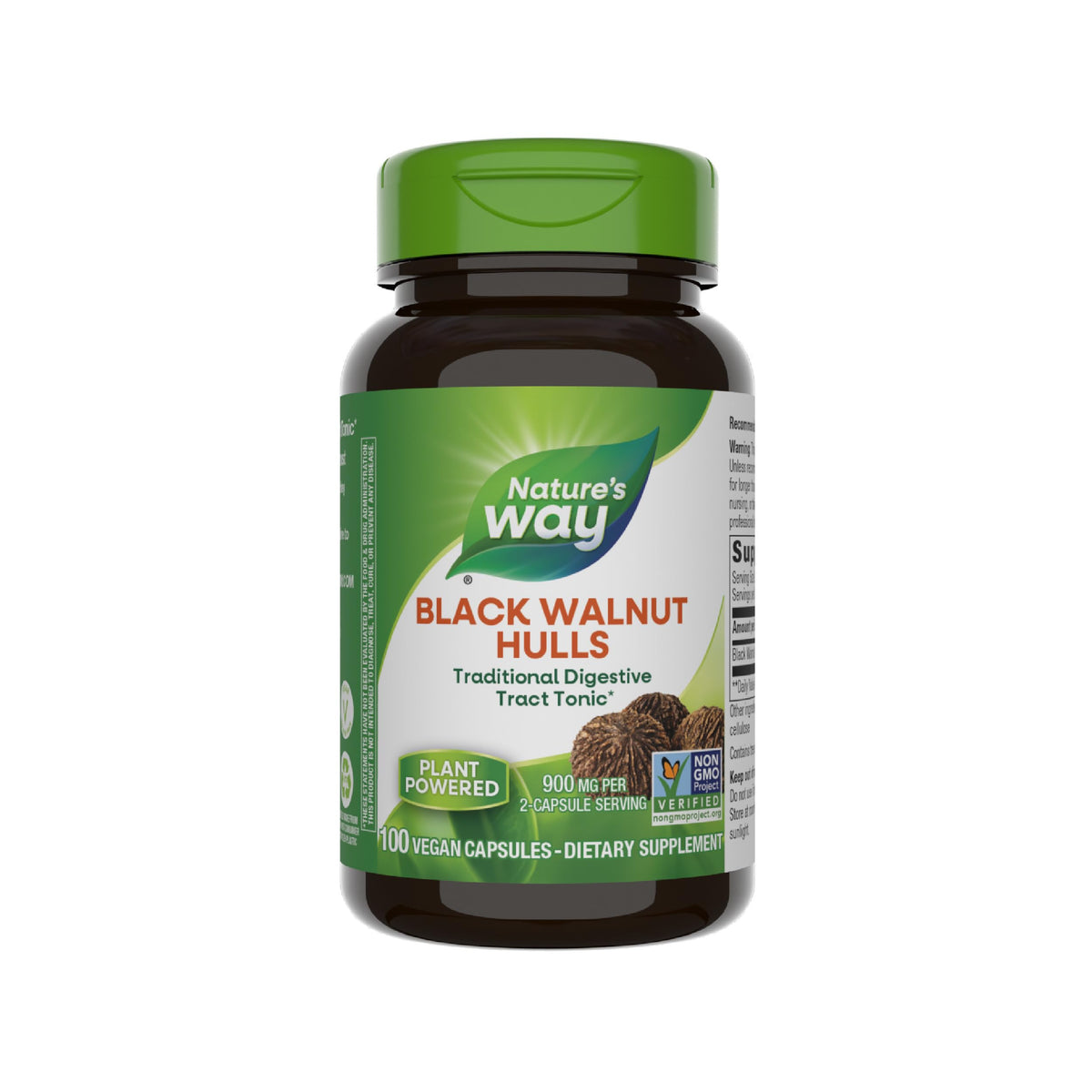 Nature's Way Black Walnut Hulls bottle label showing 900 mg per 2-capsule serving