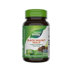 Nature's Way Black Walnut Hulls bottle label showing 900 mg per 2-capsule serving