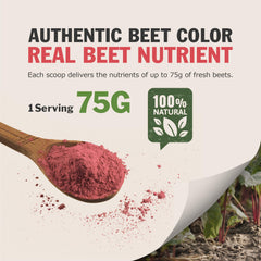 Black Hut Beetroot Powder poured into water shows vibrant color boost.