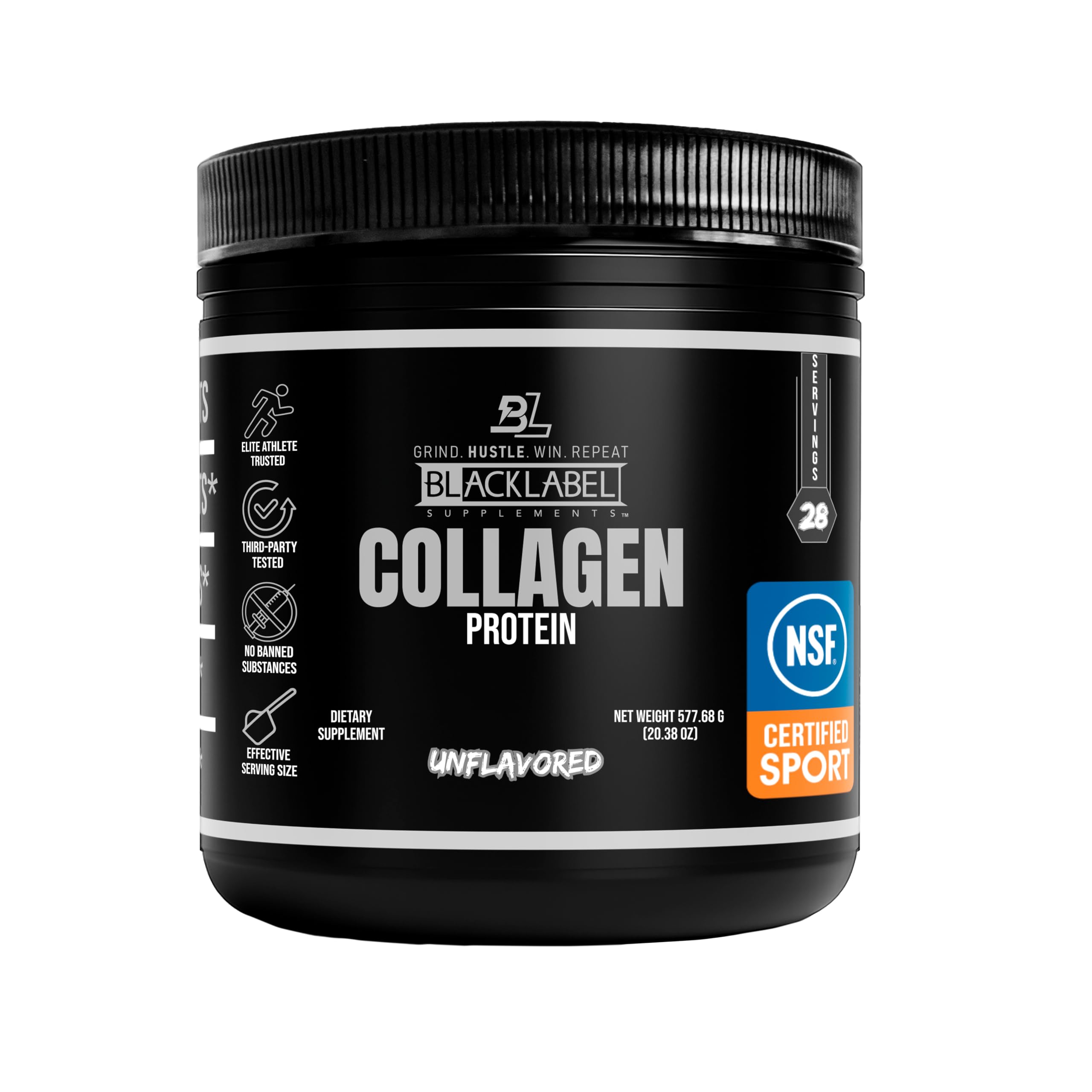 Blacklabel Unflavored Collagen Peptides powder bottle showing NSF Certified for Sport seal