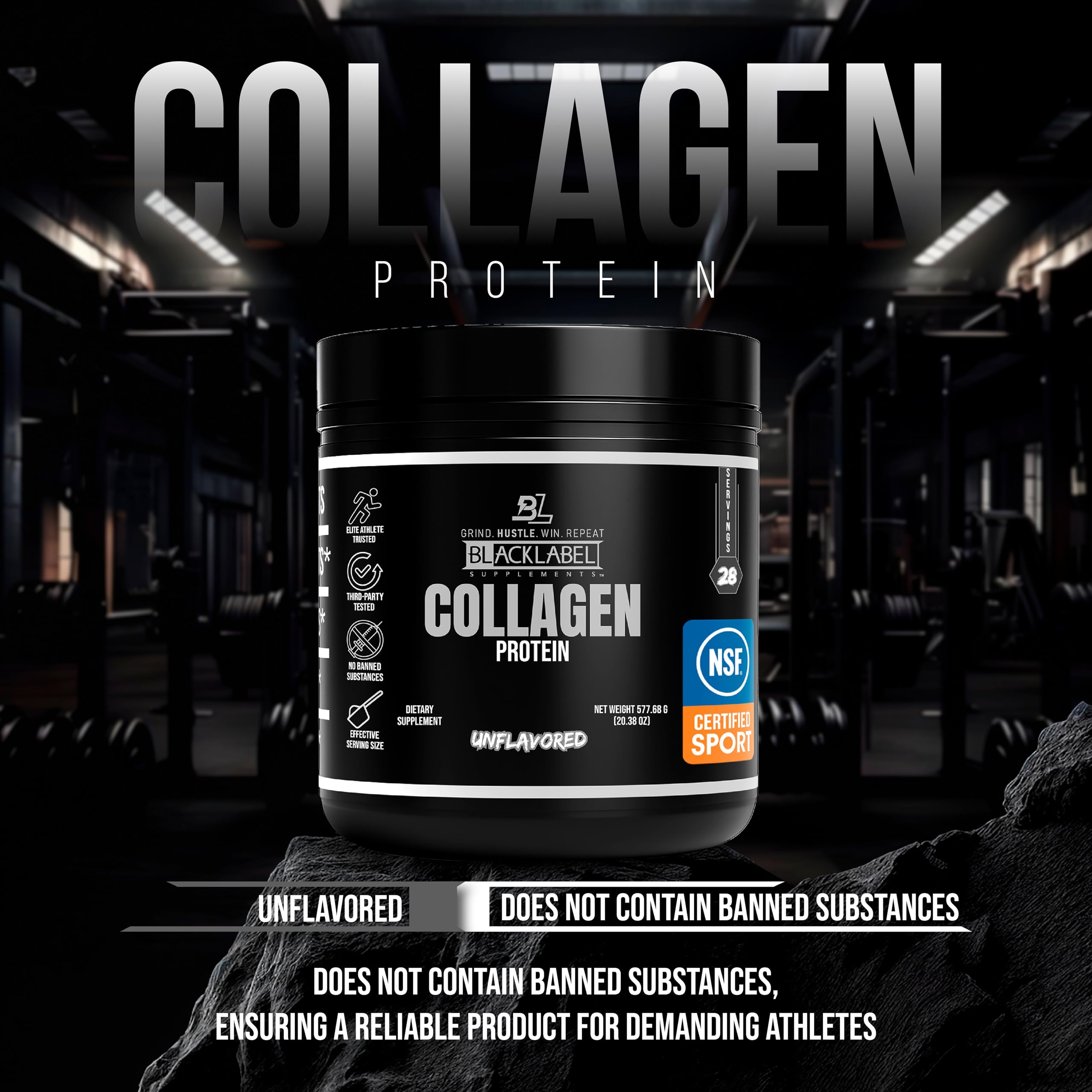 Unflavored collagen peptides powder being mixed in a glass of water