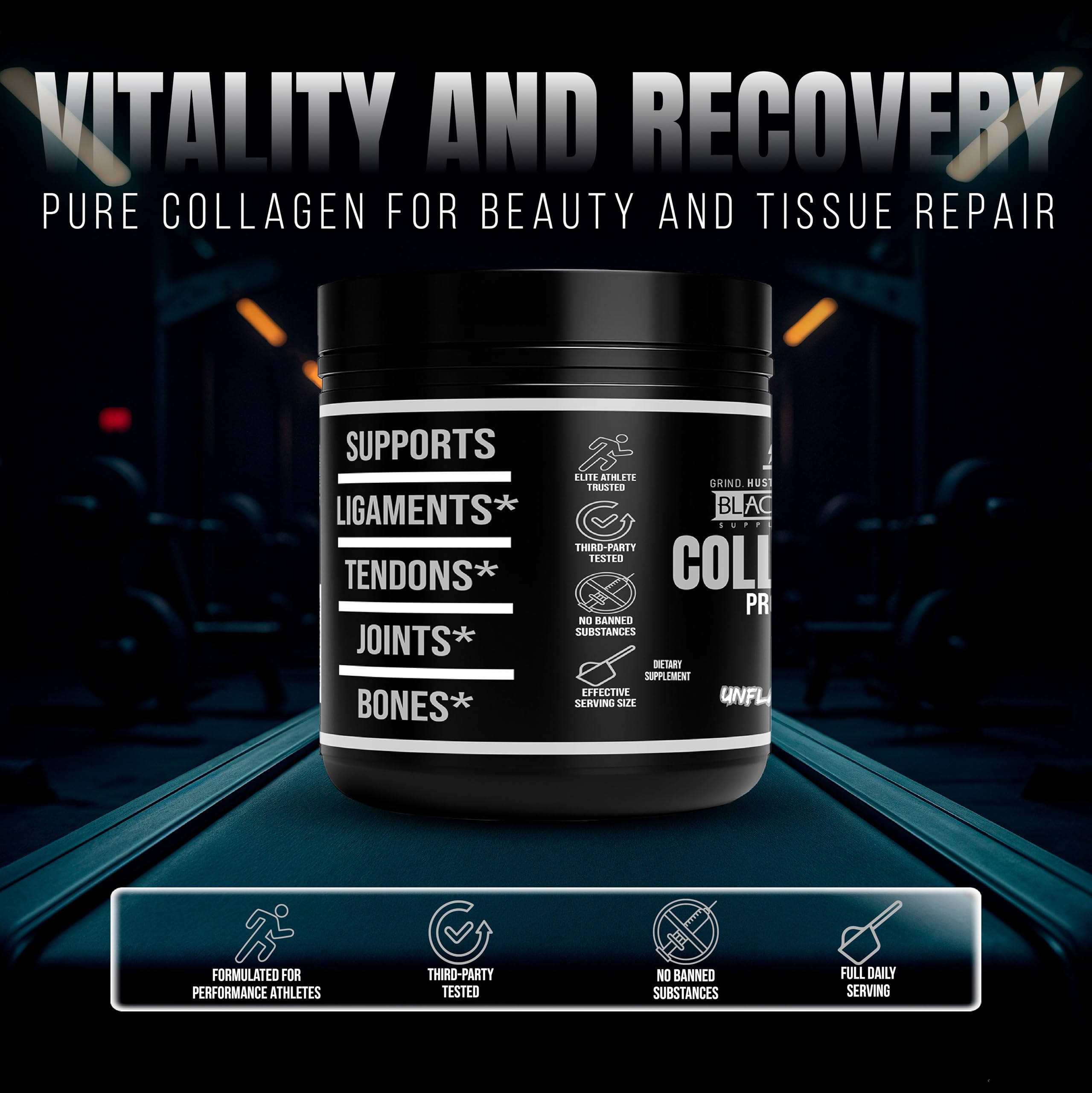 Close-up of hydrolyzed collagen peptides powder scoop and container