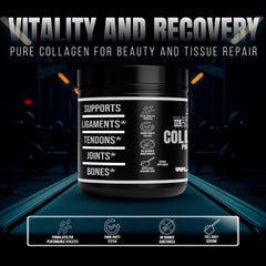 Close-up of hydrolyzed collagen peptides powder scoop and container