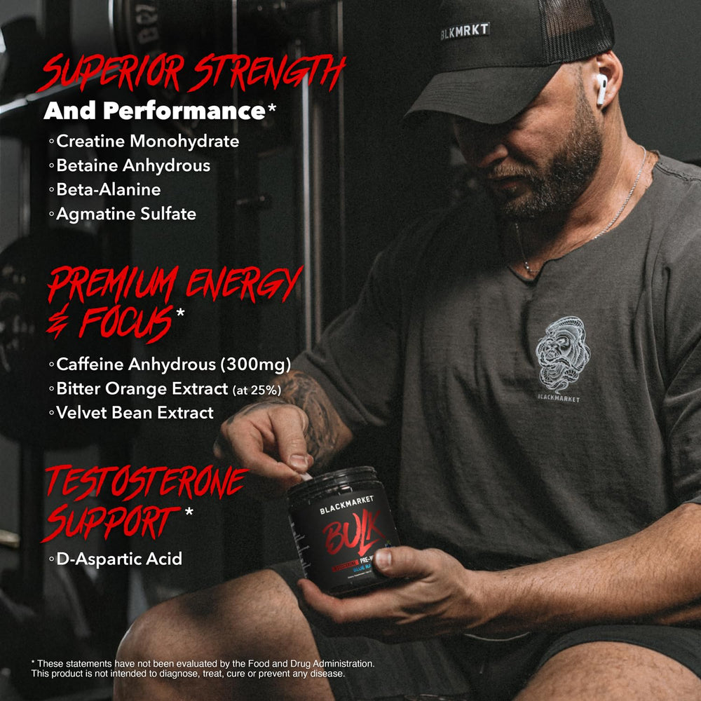 Close-up of the BLACKMARKET Bulk Pre Workout label