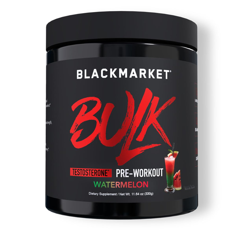 Front view of BLACKMARKET Bulk Pre Workout Watermelon packaging