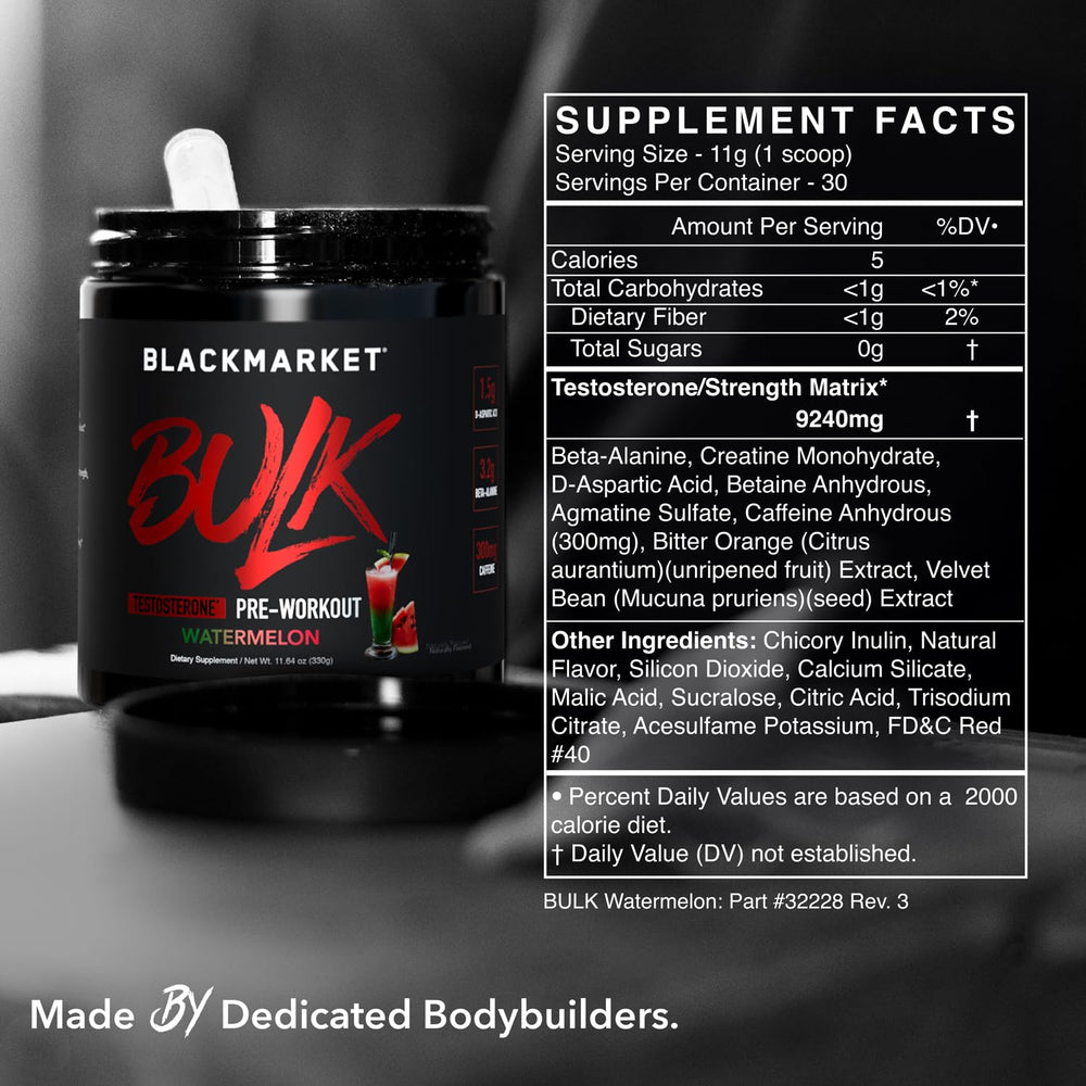 Active man lifting weights with Bulk Pre Workout label