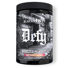 Front view of BLACKMARKET DEFY High-Stimulant Pre-Workout powder canister in Razz Mango Sherbet flavor