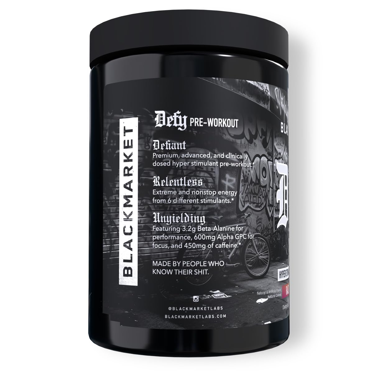 Close-up of the DEFY canister label highlighting 450mg caffeine and ingredients