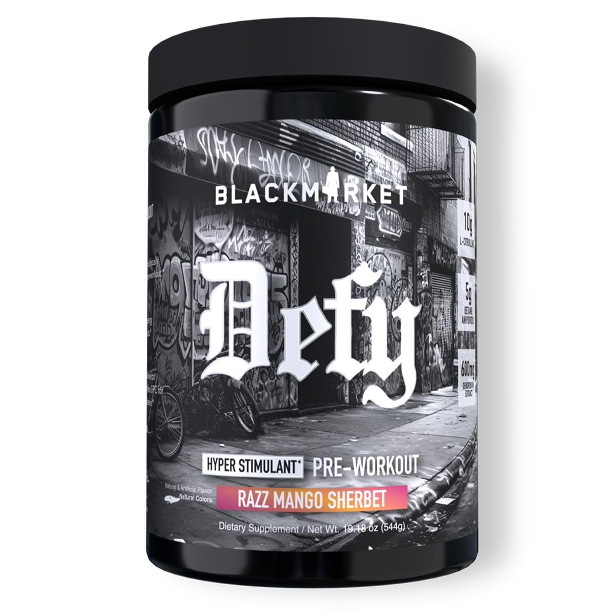 Front view of BLACKMARKET DEFY canister in Razz Mango Sherbet flavor