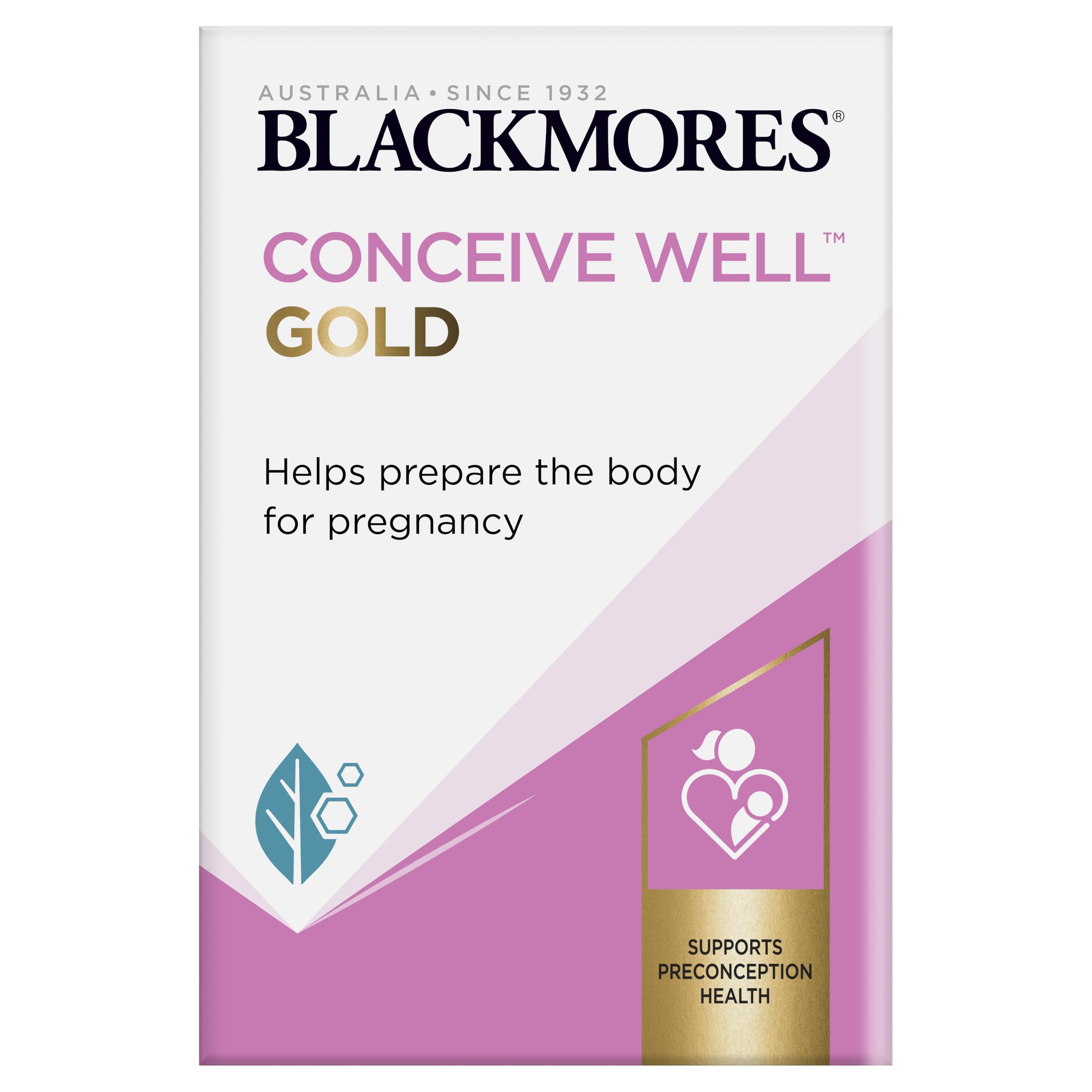 Front view of Blackmores Conceive Well Gold bottle with 28 tablets and 28 capsules