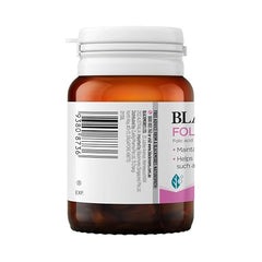 Label close-up on Blackmores Folate 500mcg bottle