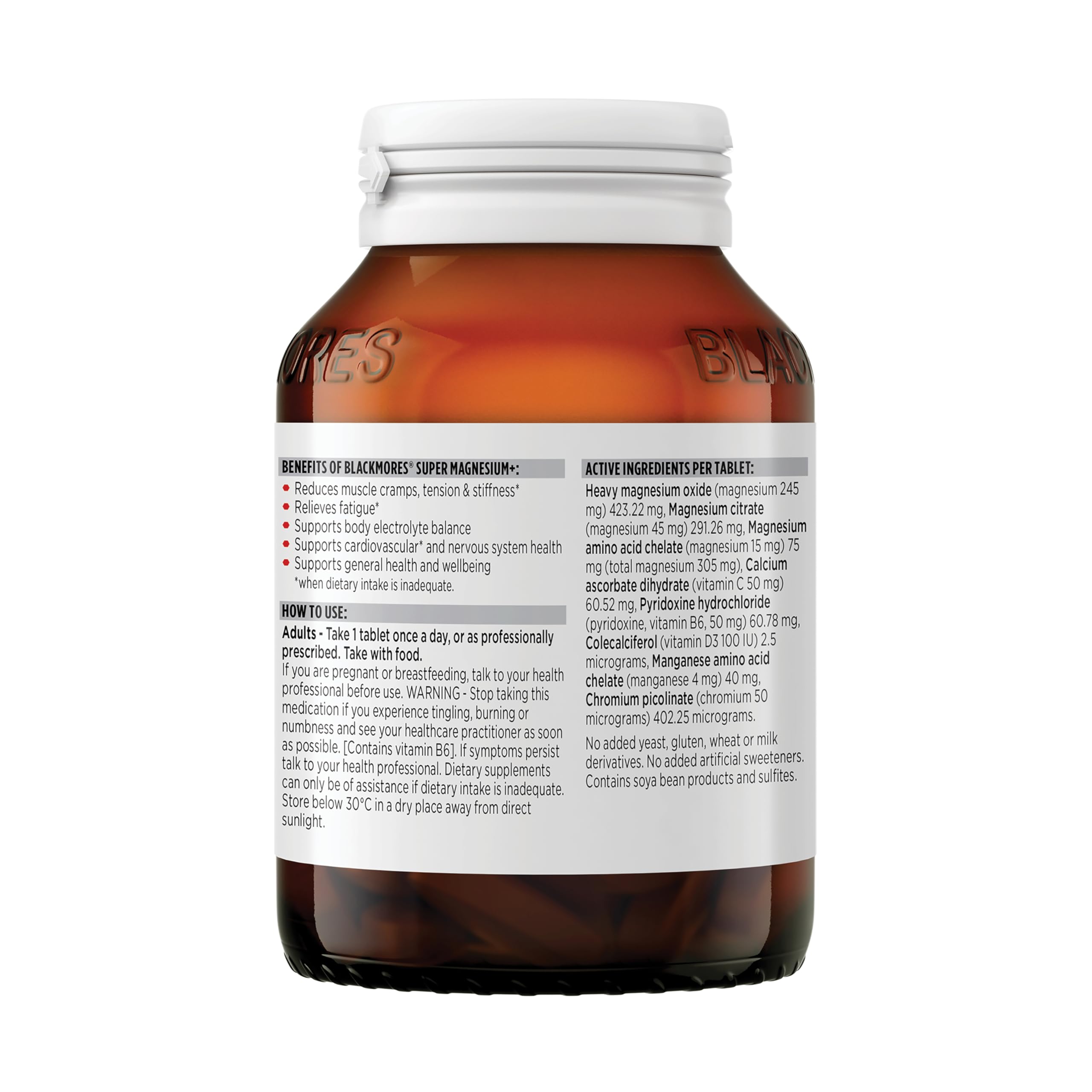 Close up of the Blackmores magnesium supplement label
