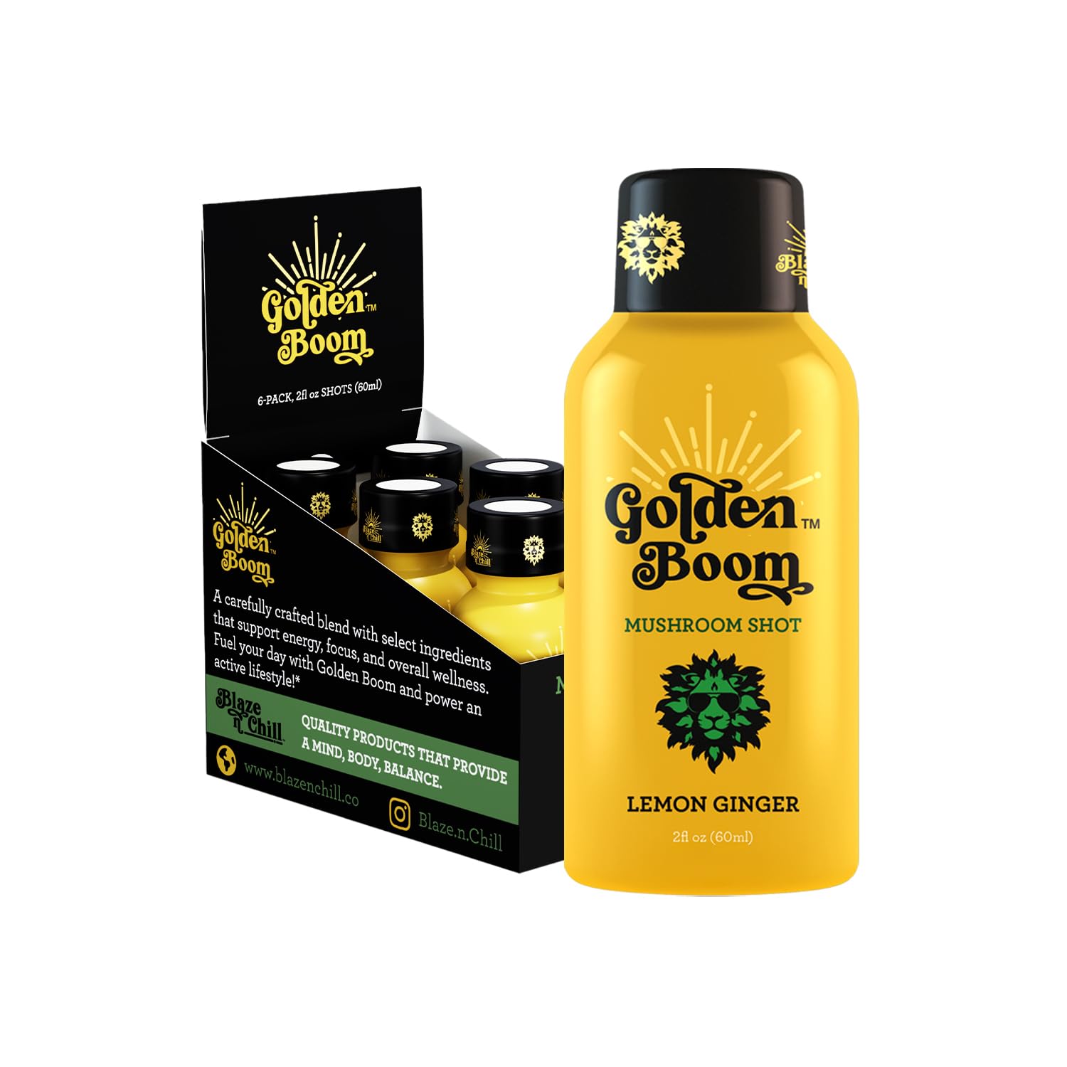 Blaze n Chill Golden Boom bottle front highlights clean energy and focus