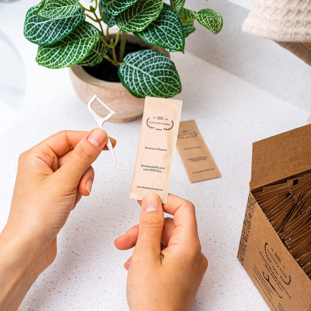 Eco-friendly floss picks displayed with recyclable packaging