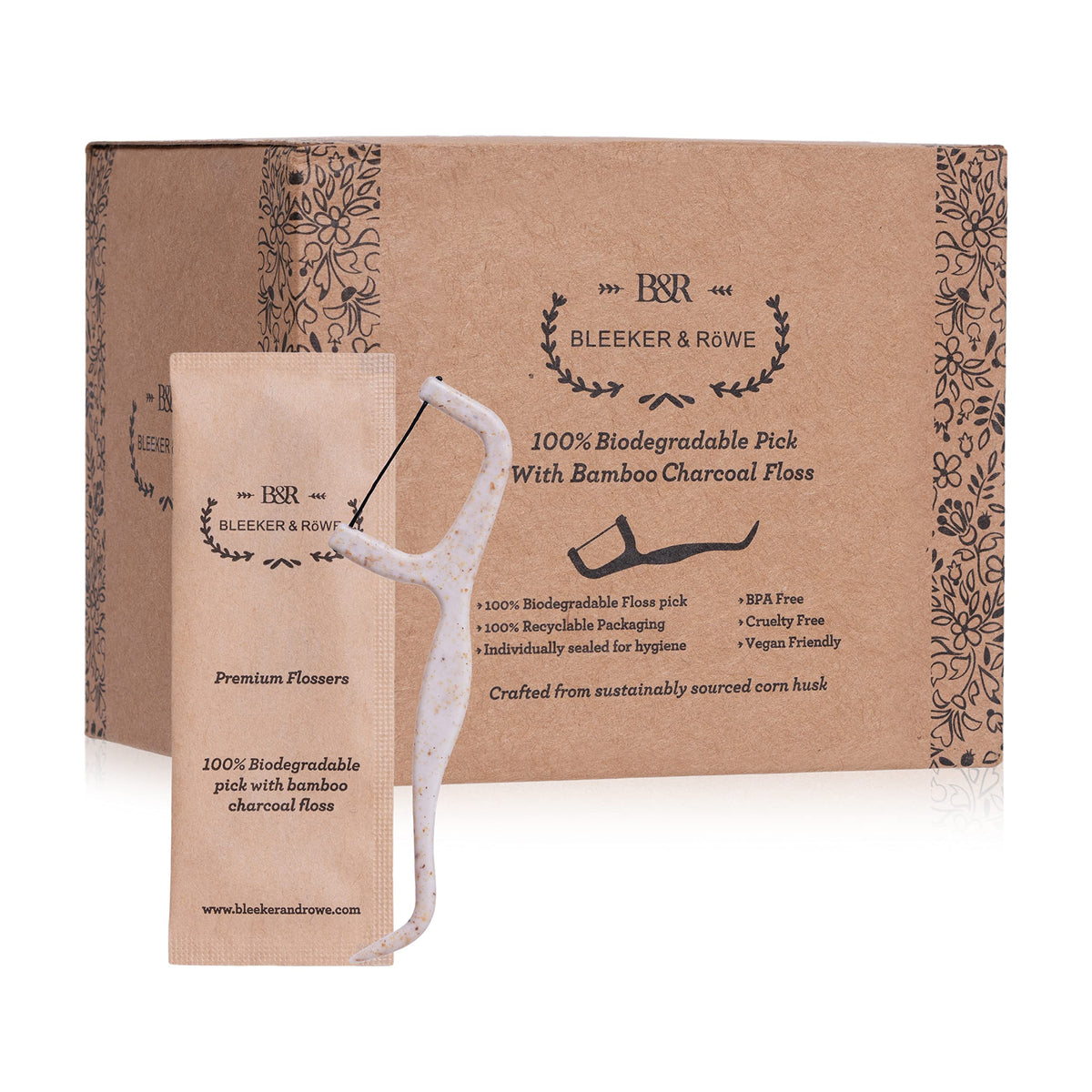 Bleeker and Rowe floss picks 150-pack with biodegradable bamboo charcoal handles