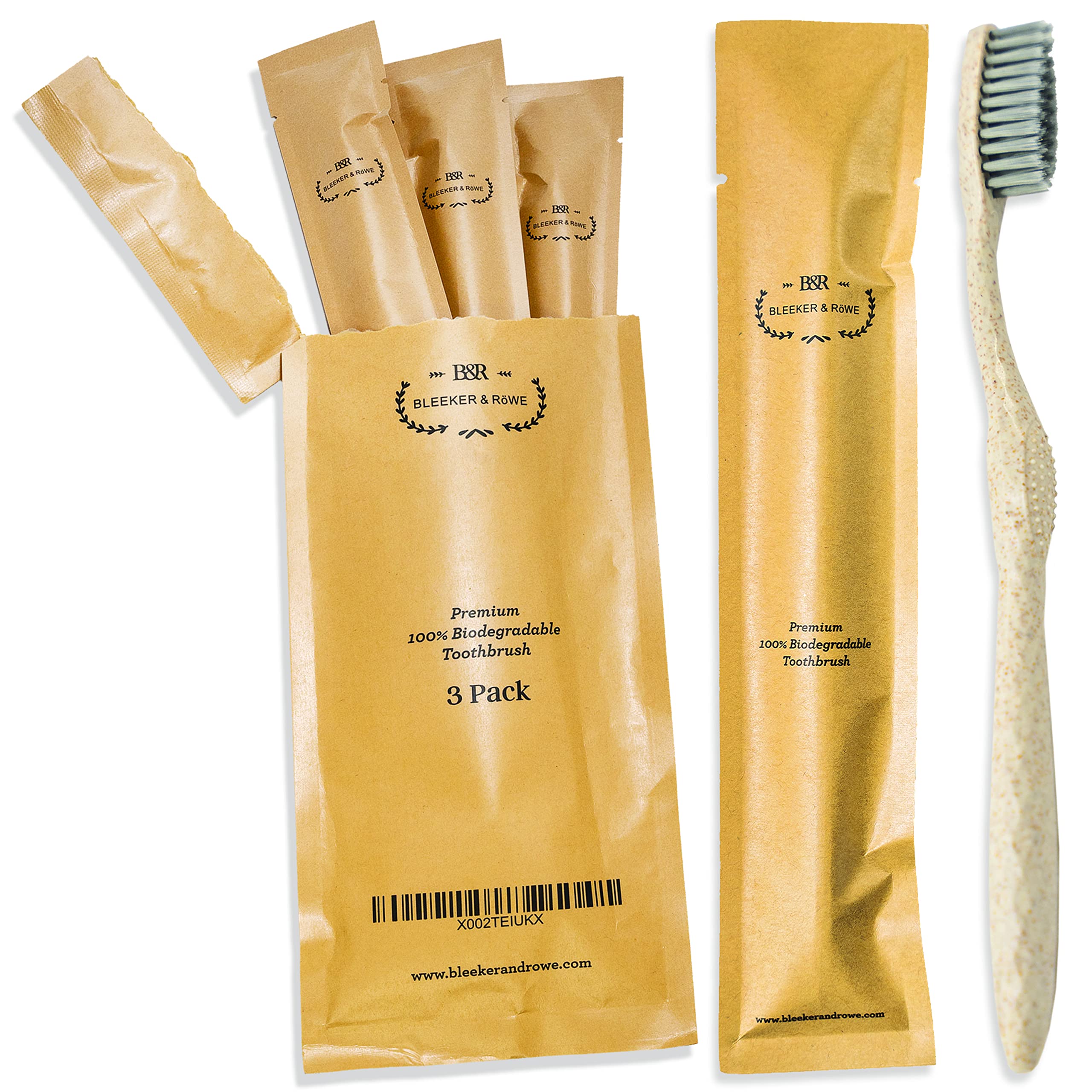 Front view of Bleeker and Rowe biodegradable toothbrush pack of three