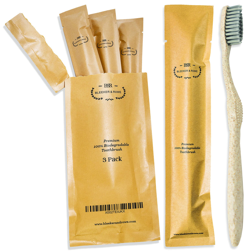 Front view of Bleeker and Rowe biodegradable toothbrush pack of three