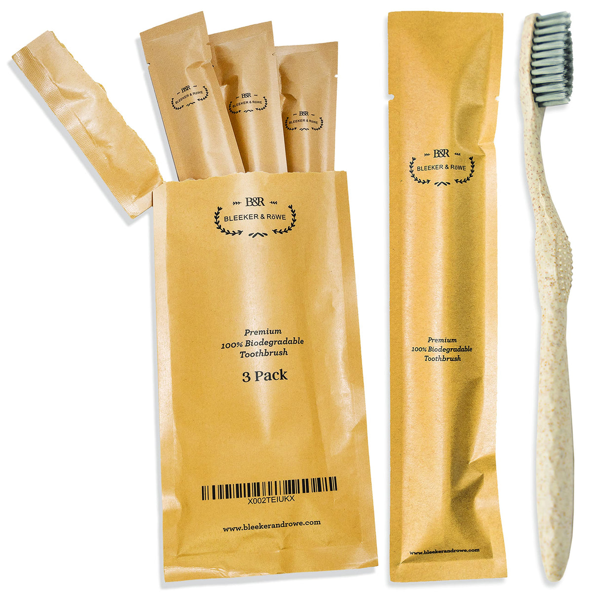 Front view of Bleeker and Rowe biodegradable toothbrush pack of three