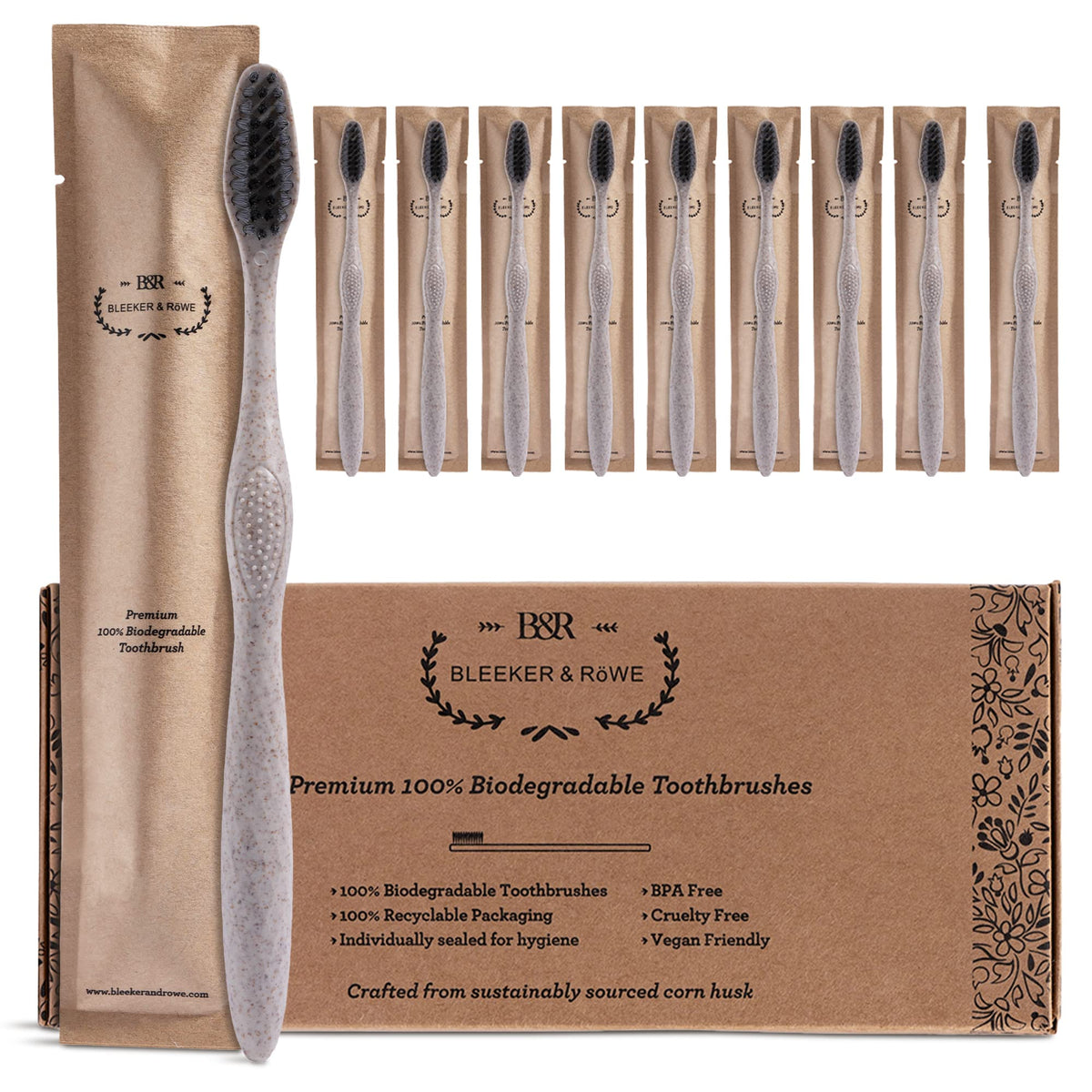 Bleeker & Rowe toothbrushes in eco-packaging – pack of 10
