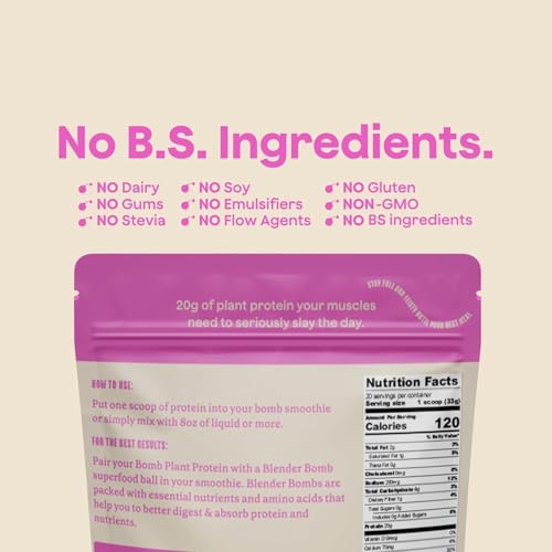 Blender Bombs Bomb Plant Protein bottle label highlights clean five-ingredient protein.