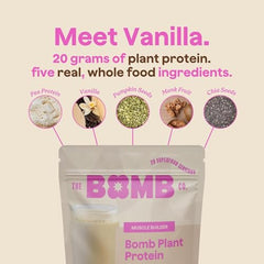 Blender Bombs Bomb Plant Protein five-ingredients close-up showcases simple nutrition.