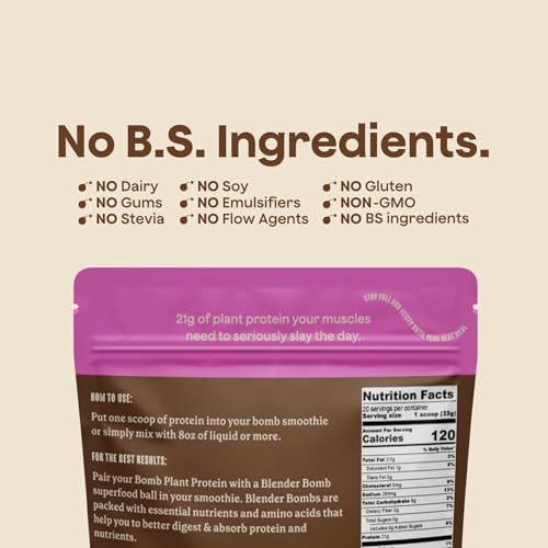 Blender Bombs Bomb Plant Protein label ingredients highlights a clean six-ingredient plant protein