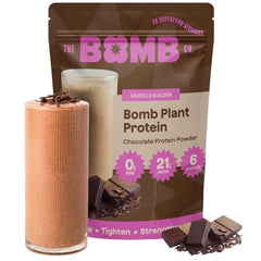 Blender Bombs Bomb Plant Protein tub shows chocolate flavor for smoothie enrichment