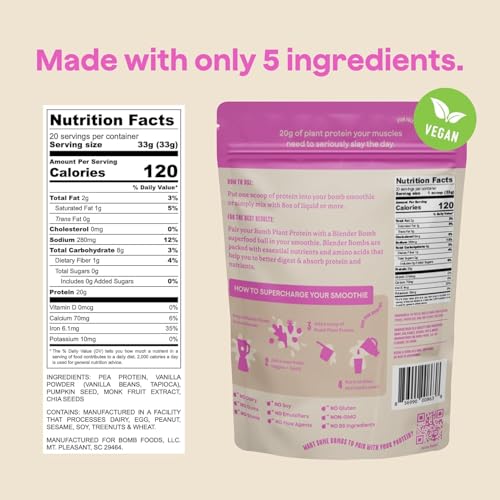 Blender Bombs Bomb Plant Protein vanilla powder close-up suited for shakes.