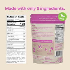 Blender Bombs Bomb Plant Protein vanilla powder close-up suited for shakes.