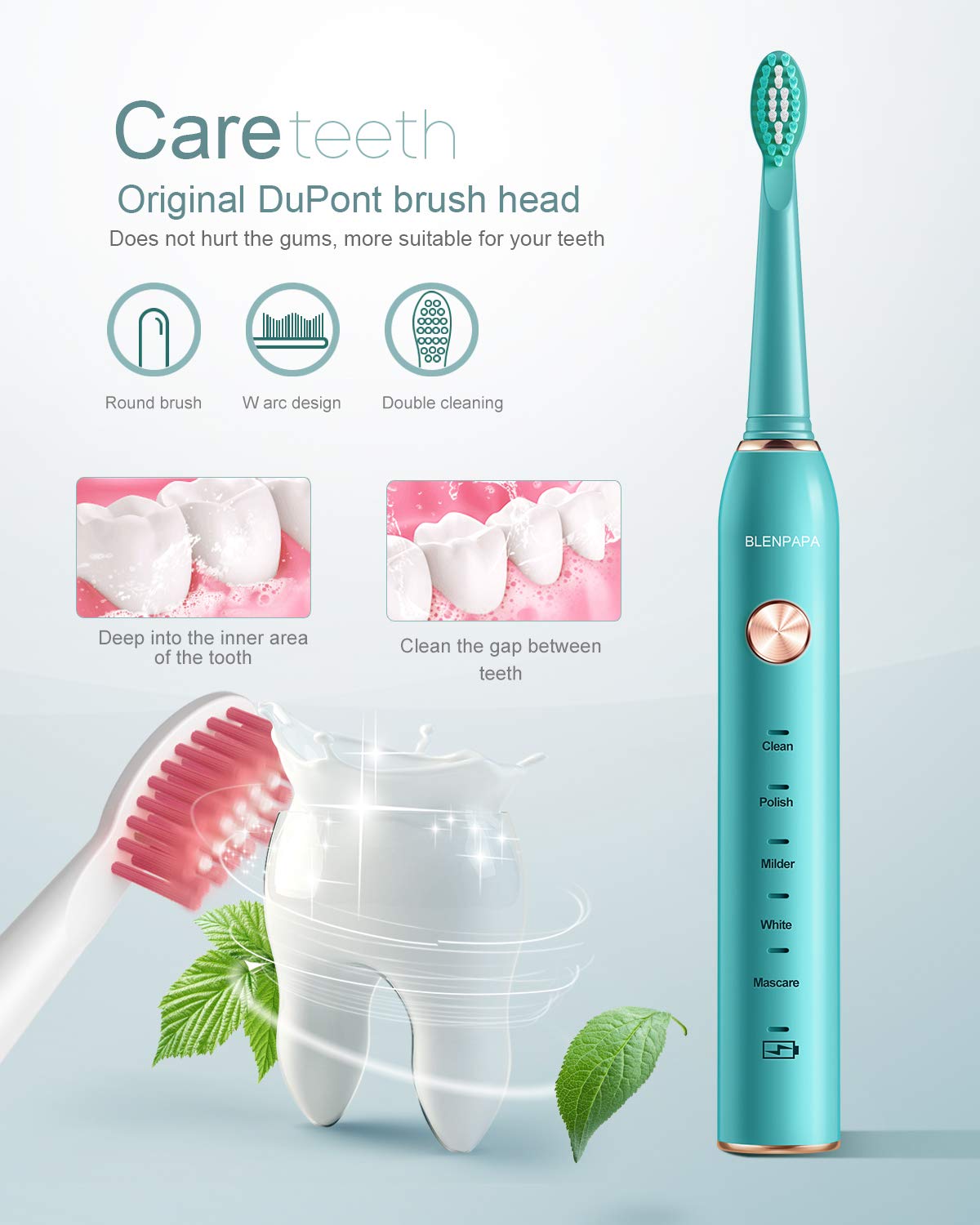 Product showing 5 modes: Clean, Polish, Mild, White, Mascare