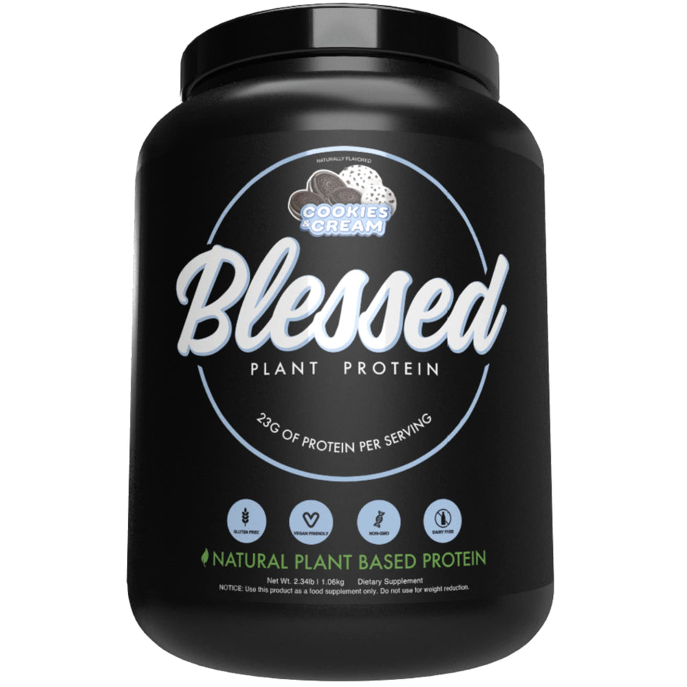 BLESSED Cookies & Cream protein powder tub for meal replacement ideas.
