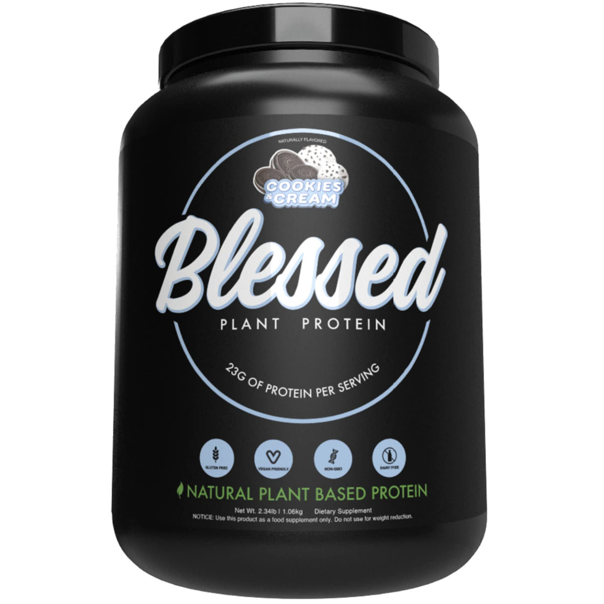 BLESSED Cookies & Cream protein powder tub for meal replacement ideas.