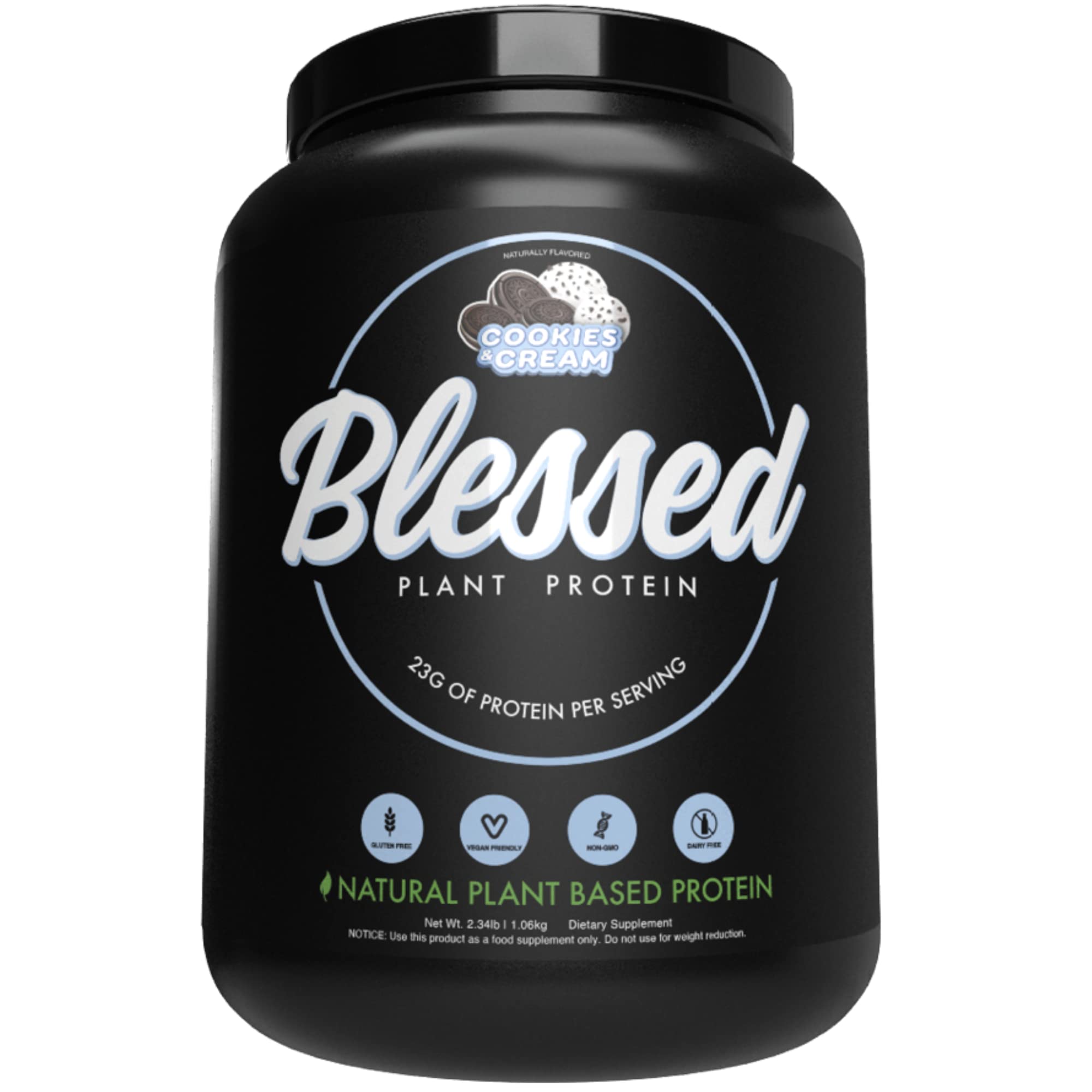 BLESSED Cookies & Cream protein powder tub for meal replacement ideas.